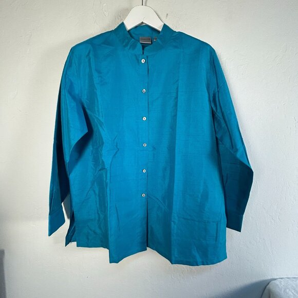 Chico's Womens Blue Silk Blend Long Sleeve Button-Up Shirt Tunic Top Size 3 NWOT - Picture 1 of 7